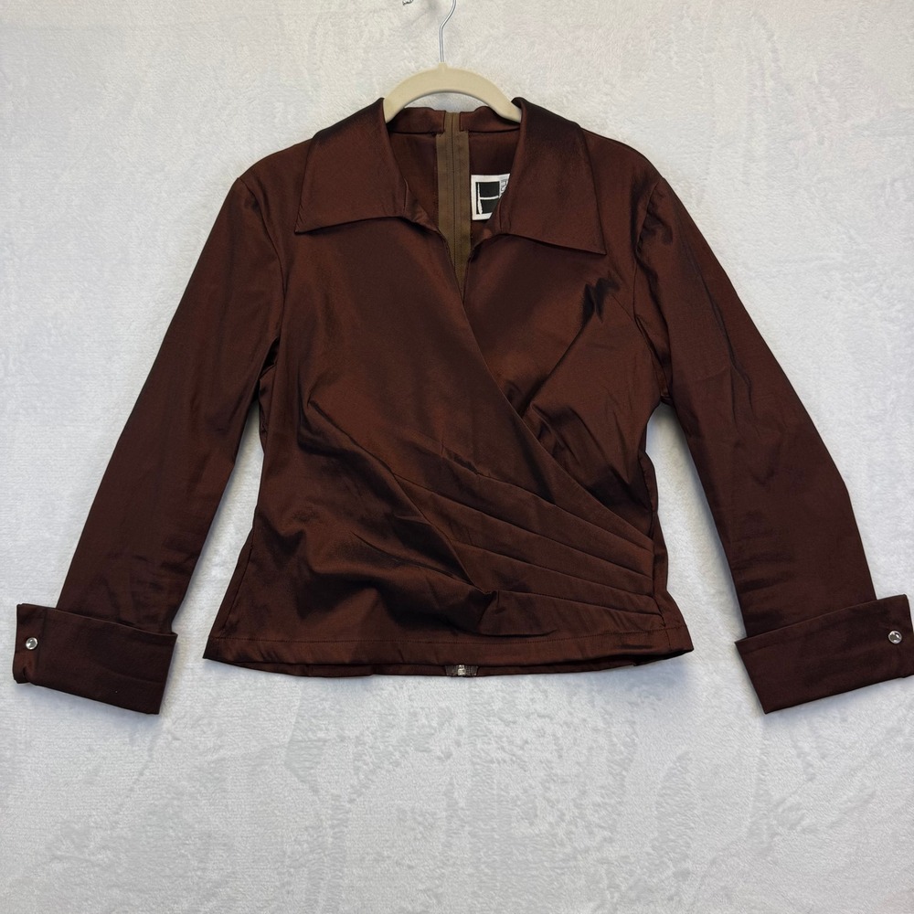 Tadashi Brown Shimmer Faux Wrap Blouse Long Sleeve Rhinestone Cuff Size 12/14